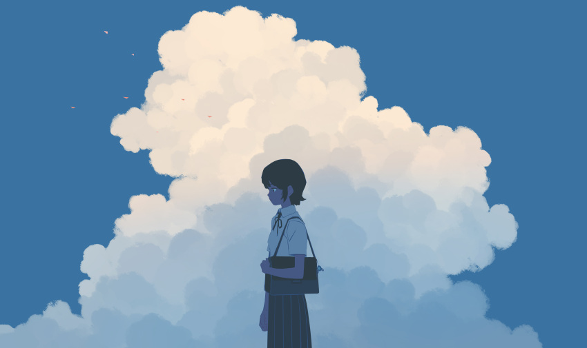 1girl absurdres bag bangqiao_yan black_hair black_skirt blue_sky closed_mouth clouds collared_shirt commentary_request cowboy_shot day from_side highres neck_ribbon original outdoors pleated_skirt profile ribbon school_bag shirt short_hair short_sleeves shoulder_bag skirt sky solo white_shirt