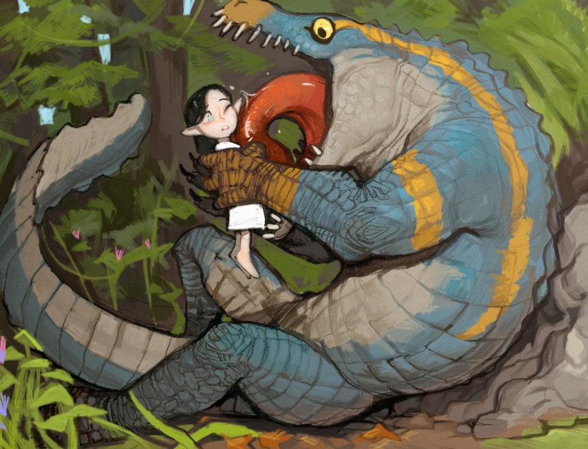 1girl 1other barefoot black_hair blue_eyes child dress elf forest holding_person licking licking_another's_face lizardman_(warhammer_fantasy) long_hair mossacannibalis nature outdoors parted_lips pointy_ears smile warhammer_40k white_dress wide-eyed
