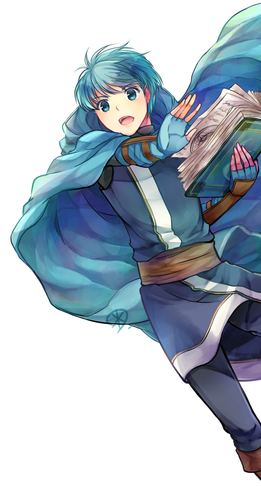 1boy absurdres asvel_(fire_emblem) black_pants blue_cape blue_gloves blue_tunic book brown_sash cape commentary_request feet_out_of_frame fingerless_gloves fire_emblem fire_emblem:_thracia_776 gloves highres holding holding_book male_focus open_mouth pants sash simple_background solo tunic white_background yukimiyuki