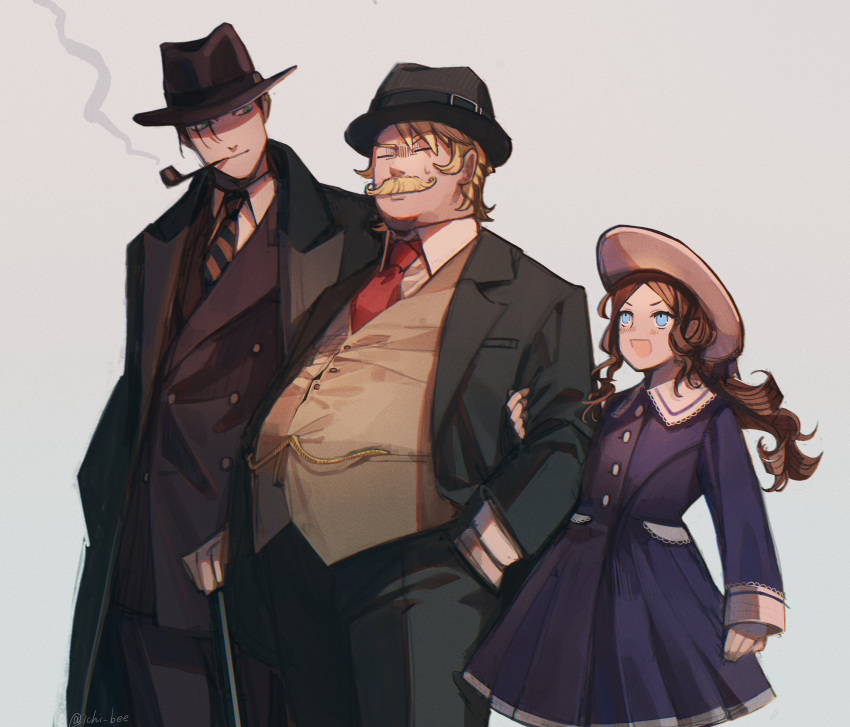 1girl 2boys absurdres alternate_costume bangs black_hair blonde_hair blue_dress blue_eyes closed_eyes closed_mouth collared_shirt commentary_request detective dress facial_hair fate/grand_order fate_(series) fedora feet_out_of_frame formal gloves goredolf_musik green_eyes grey_background hat highres ichi_bee jacket leonardo_da_vinci_(fate) leonardo_da_vinci_(rider)_(fate) long_hair long_sleeves looking_at_another multiple_boys mustache necktie open_mouth pipe red_necktie sherlock_holmes_(fate) shirt short_hair simple_background smile smoke smoking striped_necktie suit undefined white_hair