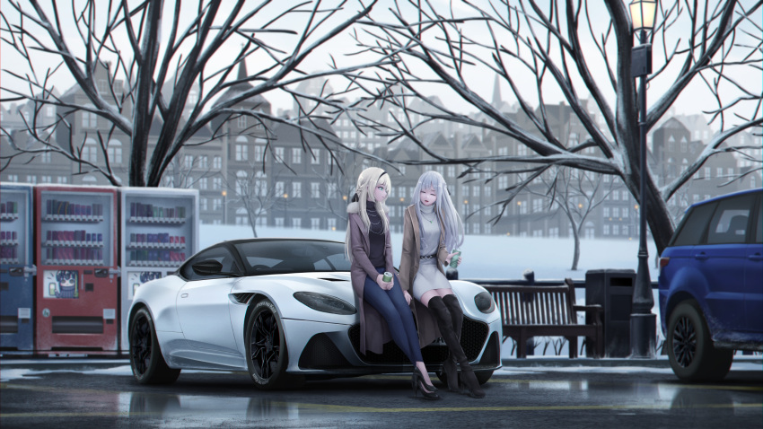 2girls ak-12_(girls'_frontline) an-94_(girls'_frontline) aston_martin_dbs bare_tree belt bench black_footwear blonde_hair boots brown_jacket can car city closed_eyes coat commentary crossed_ankles denim dress english_commentary fur-trimmed_coat fur_trim fuyu_no_kaze girls_frontline ground_vehicle hairband high_heels highres holding holding_can jacket jeans jewelry lamppost looking_at_another m4a1_(girls'_frontline) motor_vehicle multiple_girls necklace on_vehicle outdoors pants parking_lot photo-referenced poster_(object) pumps red_lips reflection road scenery shoes sitting sitting_on_object skirt snow soda_can street sweater sweater_dress talking thigh-highs thigh_boots trash_can tree turtleneck turtleneck_sweater vector_trace vehicle_focus vending_machine wide_shot winter