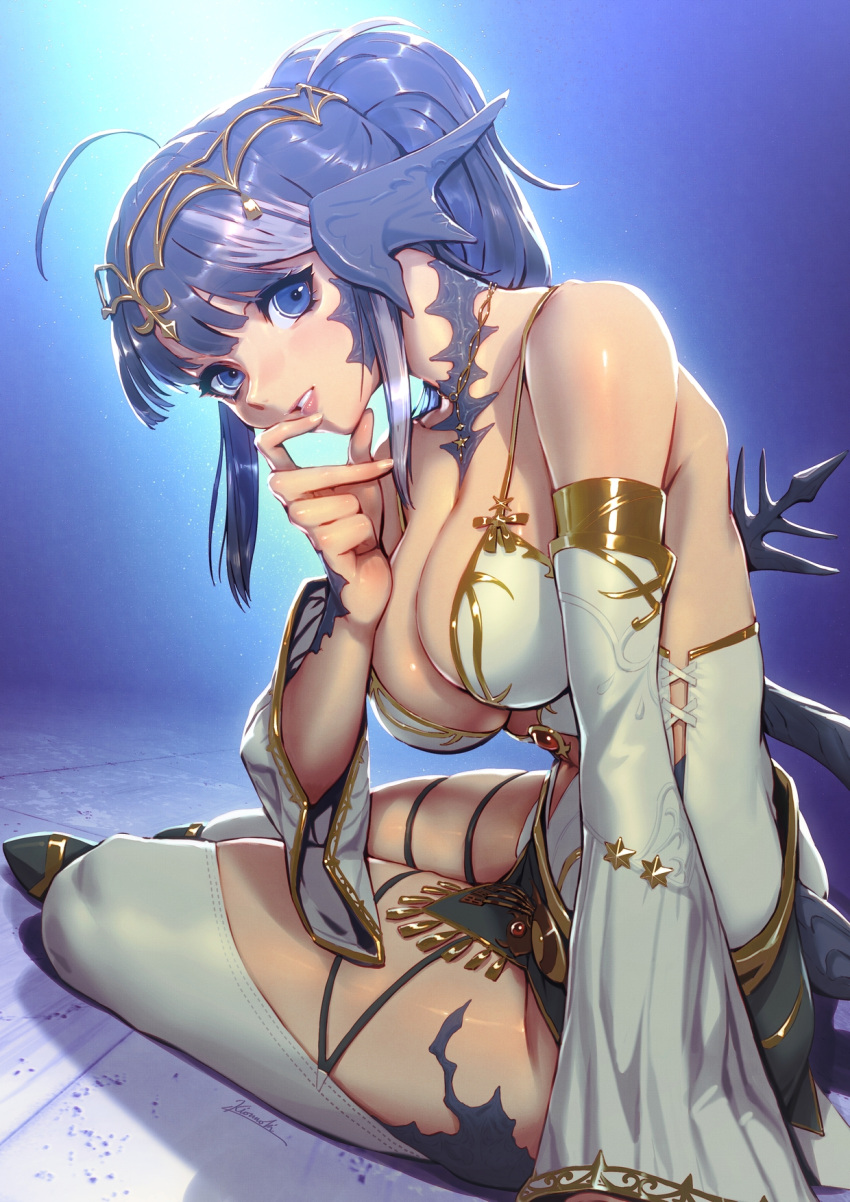 1girl arm_support au_ra avatar_(ff14) bangs bare_shoulders black_hair blue_eyes breasts circlet commission detached_sleeves dragon_horns dragon_tail final_fantasy final_fantasy_xiv highres horns jewelry kio_naoki long_hair looking_at_viewer medium_breasts necklace ponytail scales sitting solo tail