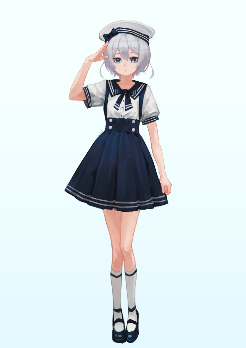1girl absurdres black_footwear black_ribbon black_sailor_collar black_skirt blue_background blue_eyes closed_mouth commentary grey_hair hand_up hat highres kneehighs looking_at_viewer mary_janes neck_ribbon original ribbon sailor_collar sailor_hat salute shirt shoes short_hair short_sleeves simple_background skirt solo white_headwear white_legwear white_shirt yoon_cook