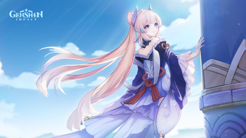 1girl bare_shoulders blue_horns blue_kimono clouds cloudy_sky frilled_sleeves frills genshin_impact gloves gradient_hair half_gloves highres horns japanese_clothes kimono long_hair long_sleeves looking_at_viewer multicolored_hair official_art pink_hair print_kimono sangonomiya_kokomi sky very_long_hair violet_eyes white_gloves