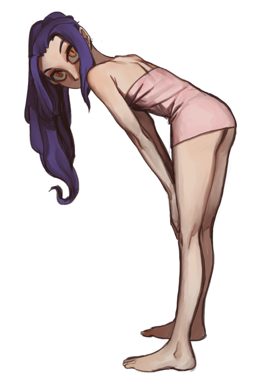 1girl bare_arms bare_legs bare_shoulders barefoot bent_over from_side highres long_hair looking_at_viewer looking_to_the_side mossacannibalis naked_towel orange_eyes original purple_hair simple_background slit_pupils solo towel white_background