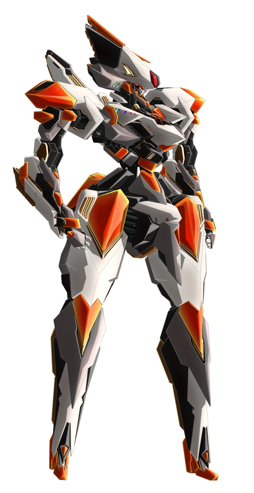 absurdres clenched_hands from_side glowing glowing_eye highres looking_ahead mecha no_humans original red_eyes solo standing timberwolf87 white_background