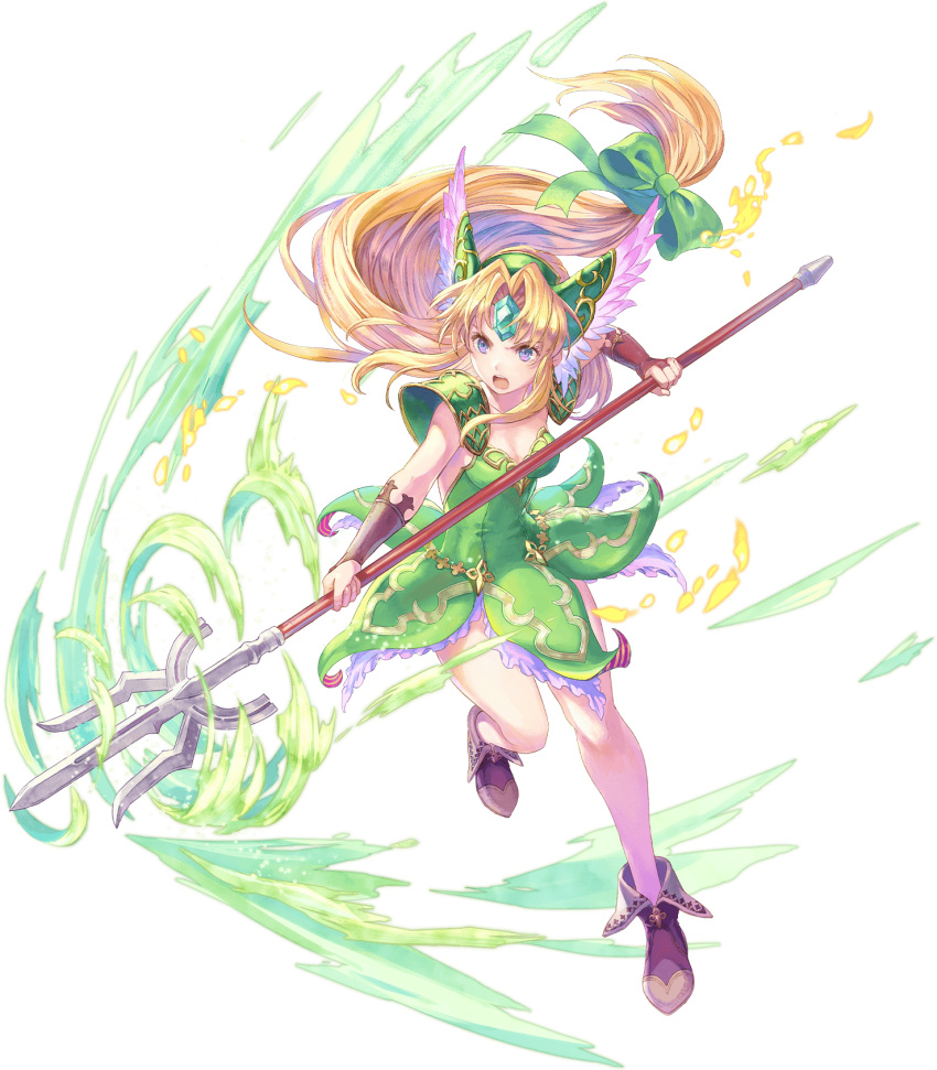 1girl blonde_hair boots bridal_gauntlets dress forehead_jewel full_body green_dress haccan helmet highres long_hair low-tied_long_hair non-web_source official_art open_mouth polearm riesz seiken_densetsu seiken_densetsu_3 short_dress solo transparent_background valkyrie violet_eyes weapon winged_helmet