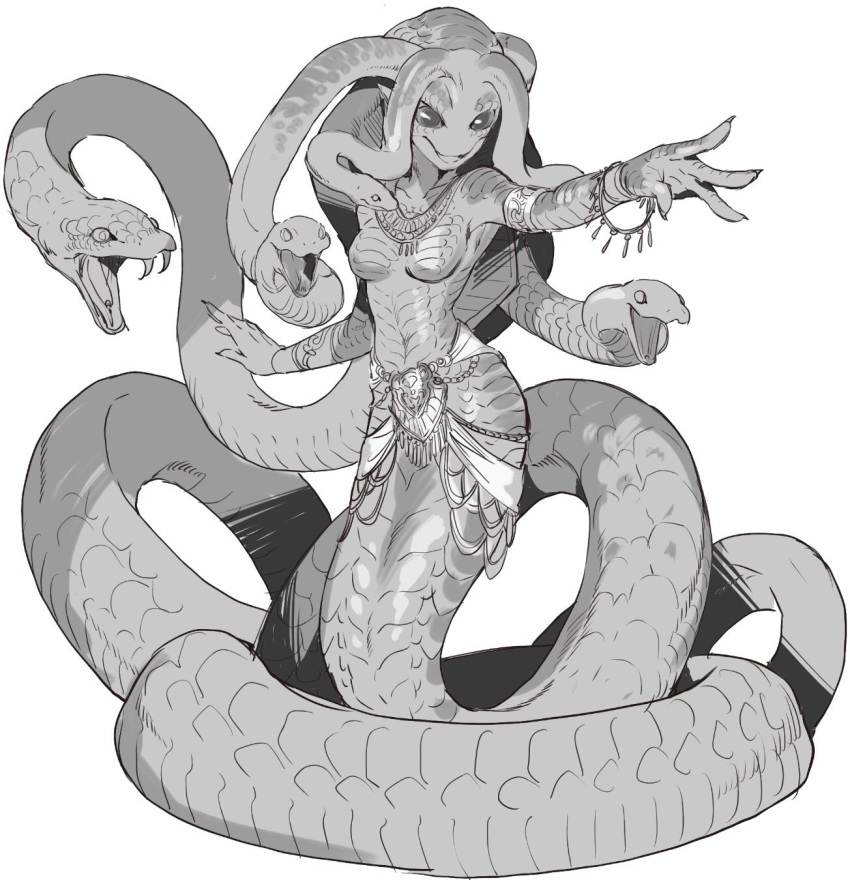 1girl breasts furry greyscale highres jewelry lamia medium_breasts monochrome monster_girl mullmull02 necklace no_nipples original parted_lips reaching_out scales simple_background smile snake_hair topless white_background