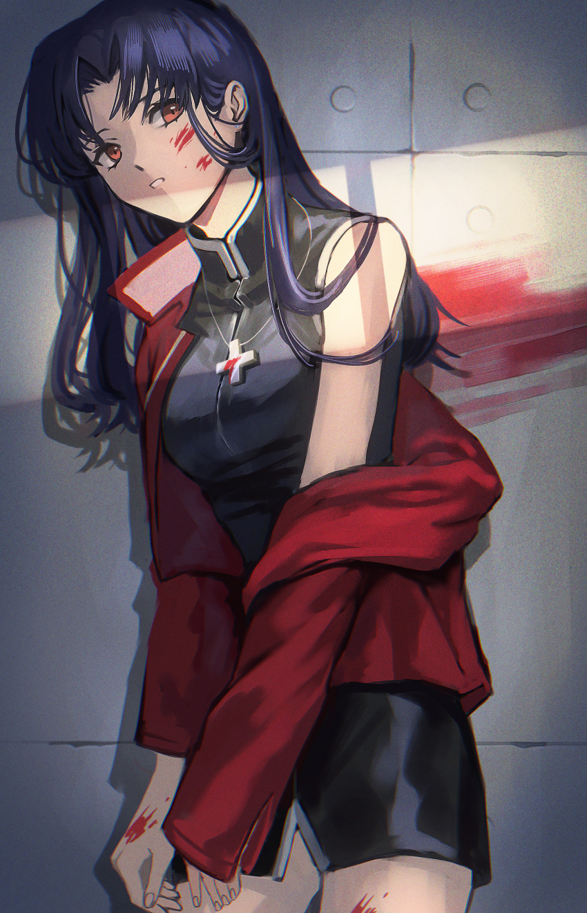 1girl @acchom_zatta absurdres against_wall black_shirt black_skirt blood blood_on_face blue_hair clothes_down cowboy_shot cross cross_necklace hair_intakes highres jacket jewelry katsuragi_misato long_hair miniskirt necklace neon_genesis_evangelion open_clothes open_jacket orange_eyes pencil_skirt red_jacket shirt skirt sleeveless sleeveless_shirt solo standing straight_hair