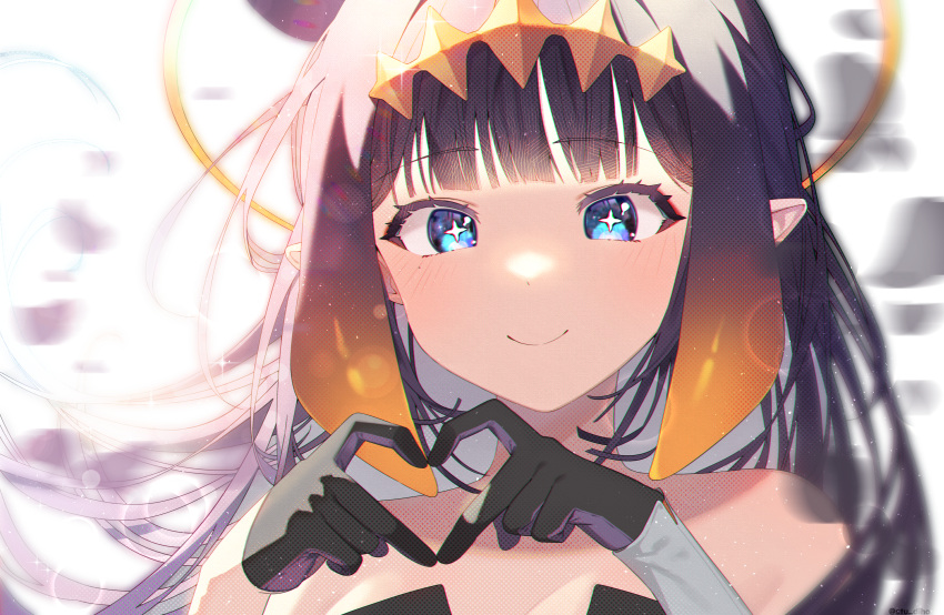 +_+ 1girl absurdres bangs bare_shoulders black_gloves blonde_hair blue_eyes closed_mouth eyebrows_visible_through_hair floating_hair gloves gradient_hair heart heart_hands highres hololive hololive_english light_blush long_hair long_sleeves looking_at_viewer multicolored_hair ninomae_ina'nis pointy_ears purple_hair single_sleeve smile solo stu_diho tiara violet_eyes virtual_youtuber