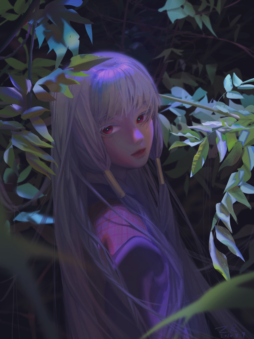 1girl bangs blood blood_on_clothes blunt_bangs blurry branch depth_of_field from_side grey_hair hair_tubes highres japanese_clothes kimono long_hair long_sleeves looking_at_viewer looking_to_the_side nature night outdoors parted_lips plant raging_loop red_eyes red_lips sidelocks solo straight_hair tongue tongue_out uematsu_rikako upper_body very_long_hair yitong
