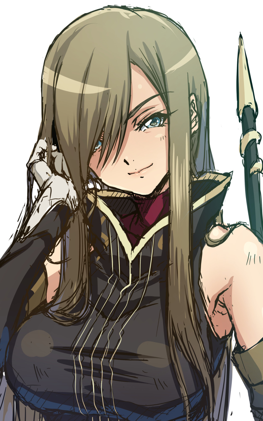 1girl bangs bare_shoulders blue_eyes breasts brown_hair detached_sleeves dress gloves hair_over_one_eye hand_in_own_hair high_collar highres large_breasts long_hair looking_at_viewer sleeveless sleeveless_dress solo syunzou tales_of_(series) tales_of_the_abyss tear_grants weapon white_background white_gloves