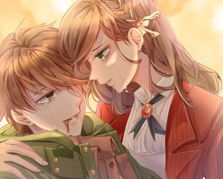 1boy 1girl :d blood brown_eyes brown_hair crying crying_with_eyes_open green_eyes green_jacket grin hair_ornament highres jacket long_hair long_sleeves looking_at_another luke_pearce_(tears_of_themis) qeanoya red_jacket rosa_(tears_of_themis) short_hair smile tears tears_of_themis teeth