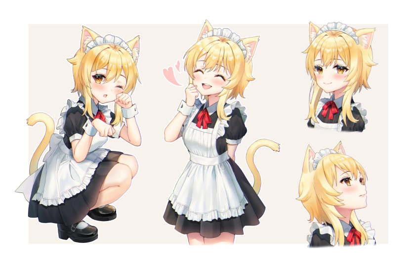 1girl :d ;o ^_^ ^o^ alternate_costume animal_ears apron arm_behind_back bangs black_footwear blonde_hair blush bow bowtie cat_ears cat_girl cat_tail closed_eyes commentary_request enmaided eyebrows_visible_through_hair fang full_body genshin_impact hair_between_eyes head_tilt heart highres hue kemonomimi_mode korean_commentary looking_at_viewer lumine_(genshin_impact) maid maid_apron maid_headdress mary_janes one_eye_closed open_mouth paw_pose shoes short_hair short_hair_with_long_locks short_sleeves sidelocks simple_background smile socks solo squatting tail white_background white_legwear wrist_cuffs yellow_eyes