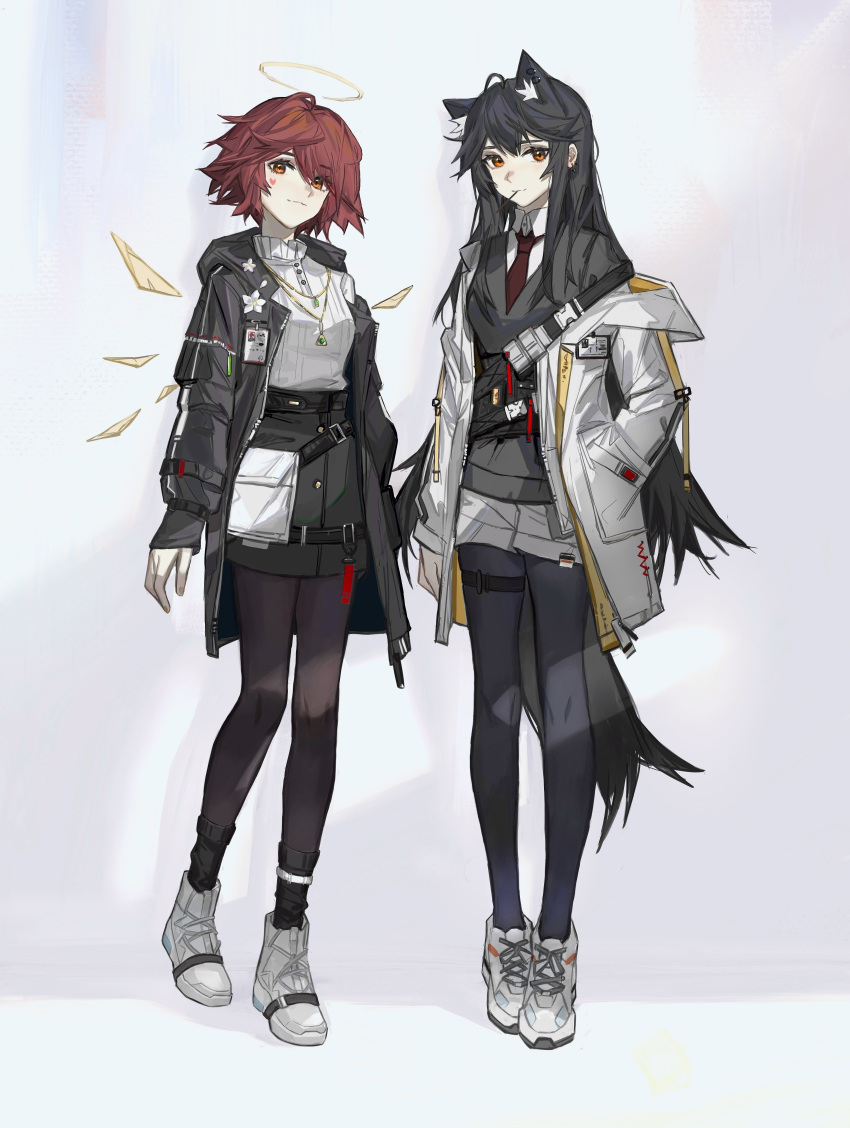 2girls absurdres alternate_costume animal_ears arknights black_hair black_legwear black_skirt black_vest collared_shirt detached_wings energy_wings extra_ears exusiai_(arknights) flower food food_in_mouth formal full_body grey_background halo hand_in_pocket heart heart_tattoo highres jacket jewelry long_hair looking_at_viewer mouth_hold multiple_girls necklace necktie off_shoulder open_clothes open_jacket orange_eyes pantyhose pocky red_necktie redhead ribbed_shirt shirt shoes short_hair shorts shuimo skirt solo standing tail tattoo texas_(arknights) thigh_strap vest white_flower white_footwear white_jacket white_shirt white_shorts wings wolf_ears wolf_girl wolf_tail