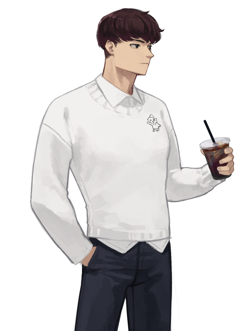 1boy black_pants brown_hair closed_mouth collared_shirt cowboy_shot drink drinking_straw hand_in_pocket highres holding holding_drink long_sleeves male_focus original pants shirt short_hair solo sweater white_shirt white_sweater yoon_cook
