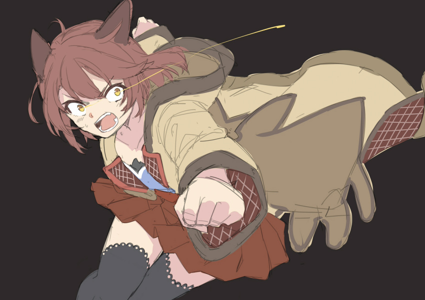 1girl amane_rosylily animal_ears bangs black_background black_legwear blue_camisole brown_coat brown_eyes brown_hair brown_skirt camisole clenched_hands coat collarbone commentary_request eye_trail eyebrows_visible_through_hair feet_out_of_frame highres hood hood_down hooded_coat long_sleeves open_clothes open_coat open_mouth original pleated_skirt sekira_ame simple_background skirt solo thigh-highs v-shaped_eyebrows wide-eyed