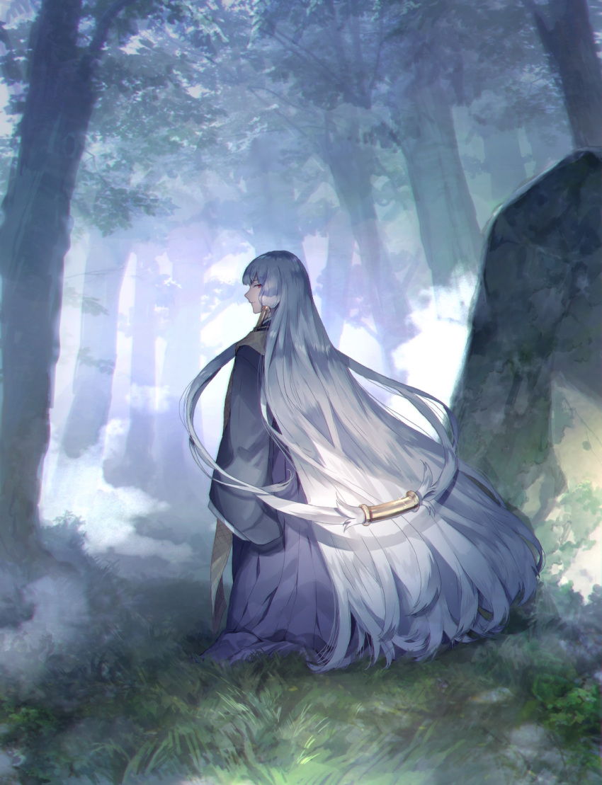 1girl absurdly_long_hair bangs blunt_bangs boulder closed_mouth day fog forest from_behind grass hair_rings hair_tubes highres japanese_clothes kimono long_hair long_sleeves looking_at_viewer nature outdoors profile raging_loop red_eyes sidelocks sideways_glance silver_hair sleeves_past_fingers sleeves_past_wrists solo standing straight_hair sunakumo uematsu_rikako very_long_hair wide_sleeves