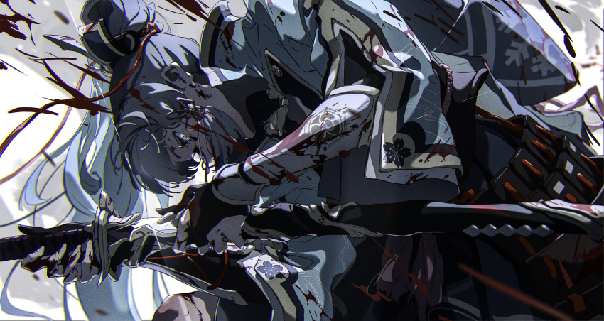 1girl absurdres arm_guards armor bangs bent_over blood blood_in_hair blood_on_clothes blood_on_face blood_on_hands blood_on_leg blood_splatter blue_dress blue_eyes blue_hair blue_jacket blunt_bangs bridal_gauntlets covered_mouth dress from_side genshin_impact glint grey_background hair_ornament hair_over_mouth hair_ribbon highres holding holding_sword holding_weapon jacket japanese_armor japanese_clothes kamisato_ayaka kusazuri long_hair looking_down obi pleated_dress ponytail profile red_ribbon reverse_grip ribbon sash short_dress short_sleeves sidelocks silver_hair snowflake_print solani solo squatting sword tassel torn_clothes tress_ribbon weapon