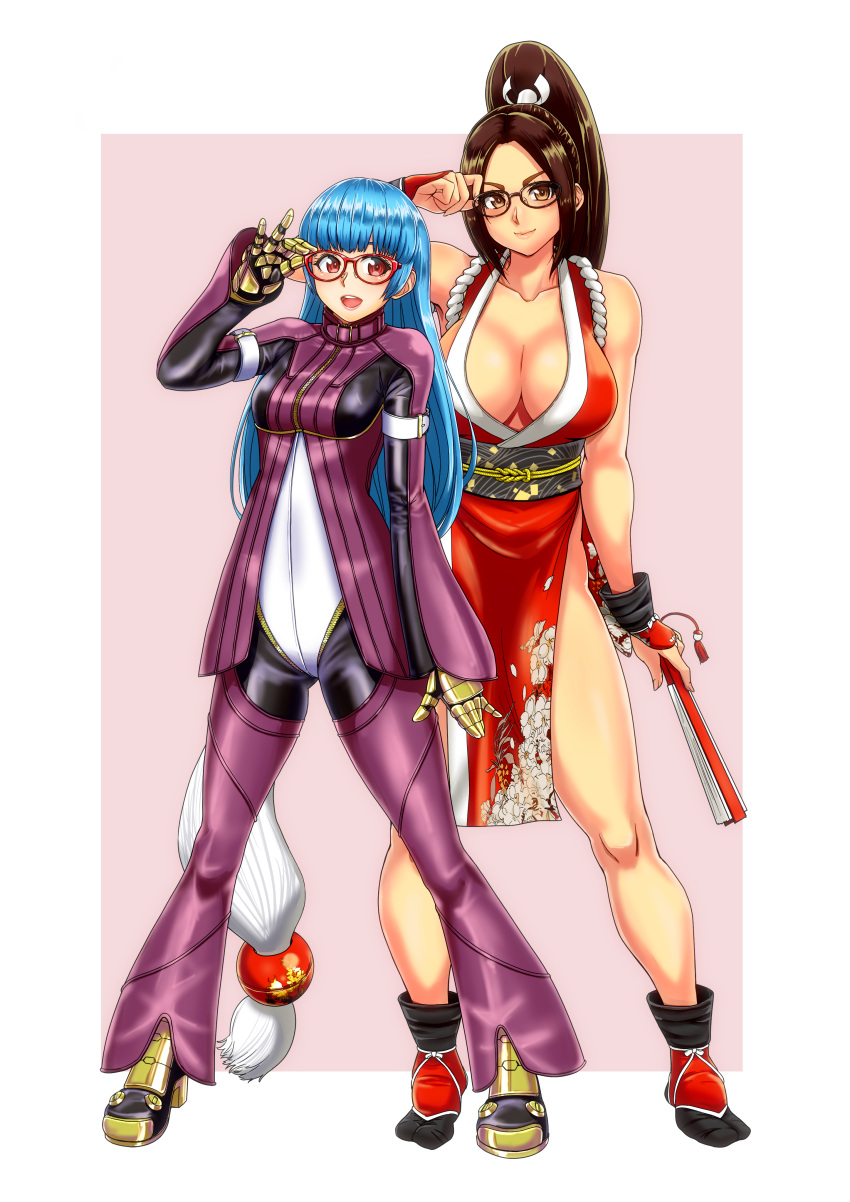 2girls absurdres adjusting_eyewear bangs bare_shoulders breasts closed_mouth collarbone commentary_request dead_or_alive dead_or_alive_6 fatal_fury floral_print glasses gloves hair_ornament highres hiroyama_(hpzg5374) japanese_clothes kula_diamond large_breasts lips long_hair long_sleeves looking_at_viewer multiple_girls ninja obi open_mouth ponytail red-framed_eyewear revealing_clothes rope sash shiny shiny_hair shiranui_mai simple_background sleeveless small_breasts smile the_king_of_fighters turtleneck