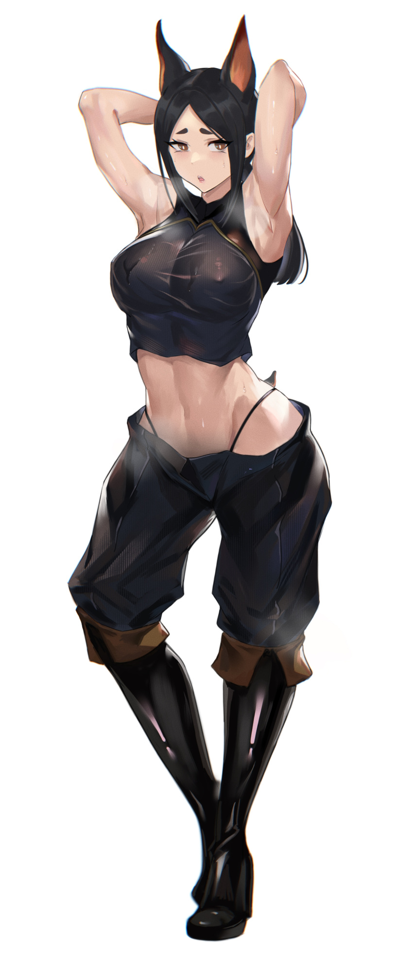 1girl absurdres animal_ears arknights armpits arms_up blush boots breasts chong_(547342983) covered_nipples dobermann_(arknights) dog_ears dog_girl full_body high_heel_boots high_heels highres knee_boots large_breasts navel nipples open_mouth panties simple_background solo sports_bra stomach sweat underwear watermark white_background