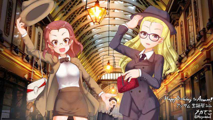 2girls :d adjusting_clothes adjusting_headwear alternate_costume aquaegg assam_(girls_und_panzer) bag bespectacled birthday black-framed_eyewear black_bow black_necktie black_umbrella blazer blonde_hair blue_eyes bow brown_headwear brown_jacket brown_skirt carrying commentary day dress_shirt english_text fedora girls_und_panzer glasses grey_headwear grey_jacket grey_skirt hair_pulled_back handbag happy_birthday hat hat_removed headwear_removed highres holding holding_clothes holding_hat holding_umbrella indoors jacket long_hair long_sleeves looking_at_viewer medium_hair multiple_girls necktie open_clothes open_jacket orange_eyes redhead rimless_eyewear rosehip_(girls_und_panzer) round_eyewear shirt skirt smile standing striped_necktie translated twitter_username umbrella white_shirt wing_collar