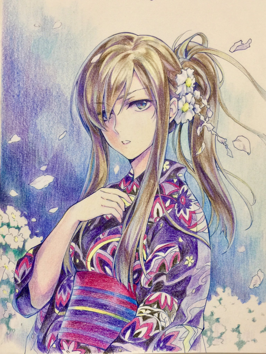 1girl bangs blue_eyes brown_hair flower hair_flower hair_ornament hair_over_one_eye highres isa_(peien516) japanese_clothes kimono long_hair open_mouth painting_(medium) petals ponytail solo tales_of_(series) tales_of_the_abyss tear_grants traditional_media yukata