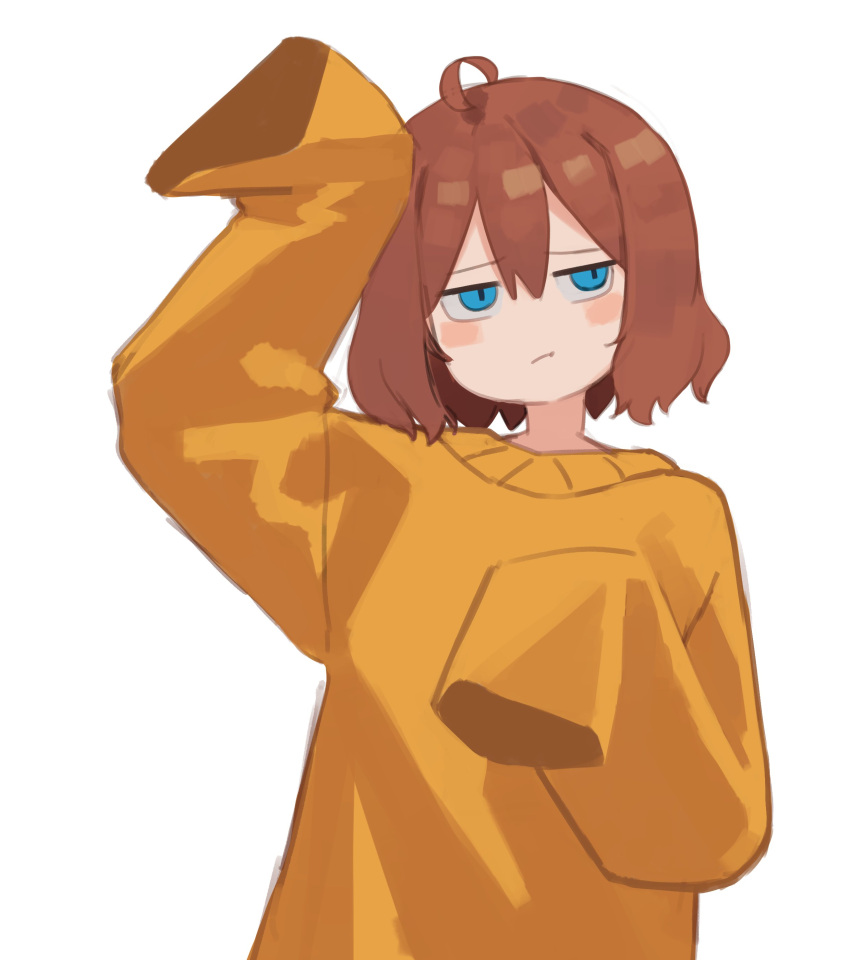 absurdres bangs blue_eyes blush_stickers brown_hair closed_mouth hand_up highres long_sleeves looking_at_viewer nuri_(yoon_cook) original short_hair simple_background sleeves_past_fingers sleeves_past_wrists solo sweater upper_body white_background yellow_sweater yoon_cook