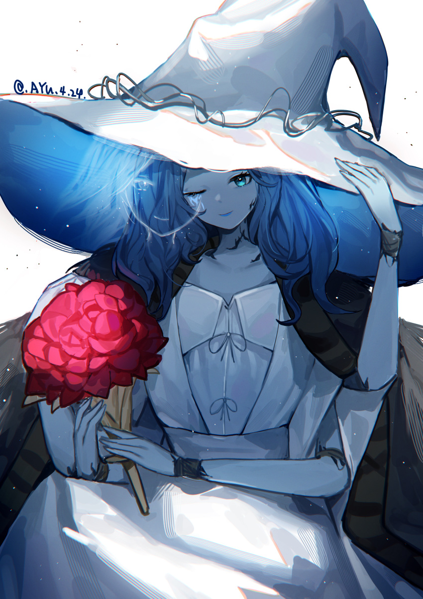 1girl absurdres ayu_(ayuyu0924) bangs blue_eyes blue_hair blue_skin bouquet breasts cloak collarbone colored_skin cracked_skin doll_joints dress elden_ring extra_arms extra_faces fur_cloak glowing_tattoo hat highres joints large_hat long_hair looking_at_viewer one_eye_closed parted_bangs ranni_the_witch sitting small_breasts smile solo white_dress white_headwear witch witch_hat