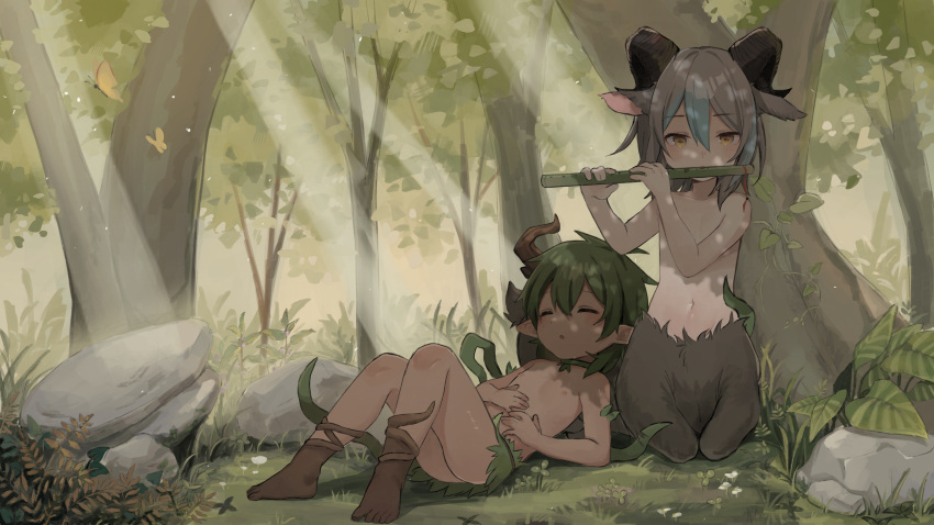2boys absurdres animal_ears ass bangs barefoot chinese_commentary clover commentary_request dappled_sunlight day dirty dirty_feet eyes_visible_through_hair flute forest goat_boy goat_ears grass_skirt green_hair hair_between_eyes highres holding holding_instrument horns instrument light_rays looking_at_viewer male_focus mud multiple_boys music nature navel omurice_(roza4957) on_person original outdoors plant playing_instrument rock scenery sleeping sunlight topless_male vines yellow_eyes