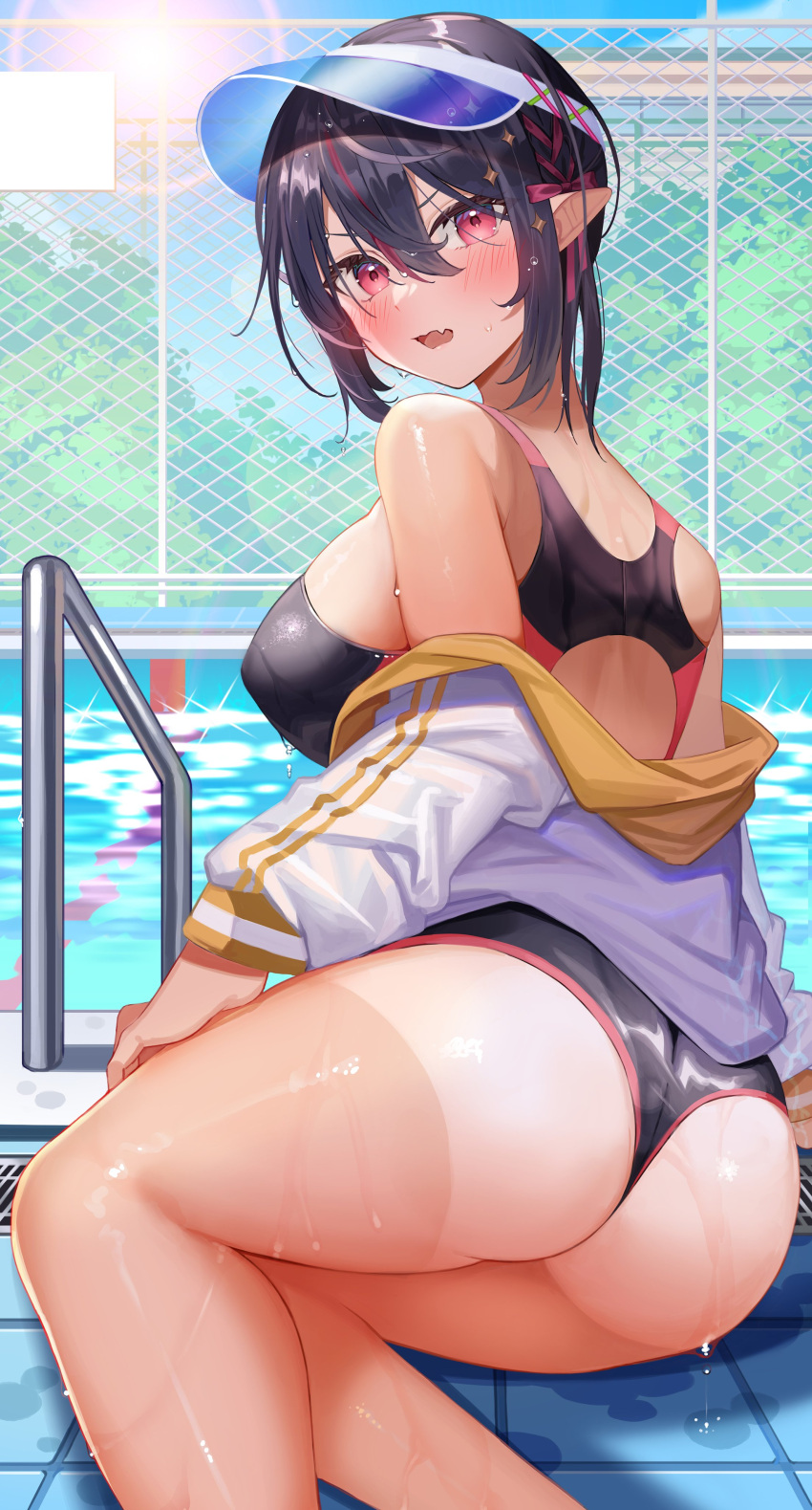 1girl absurdres amahara_subaru arm_support ass bangs bare_legs bare_shoulders black_hair black_swimsuit blush breasts chain-link_fence competition_swimsuit day fang feet_out_of_frame fence from_behind hair_between_eyes hair_ribbon highres indie_virtual_youtuber isonade_orca jacket large_breasts looking_at_viewer looking_back multicolored_hair off_shoulder one-piece_swimsuit open_mouth outdoors pink_eyes pointy_ears poolside red_ribbon redhead ribbon short_hair simple_background skin_fang solo streaked_hair swimsuit swimsuit_under_clothes visor_cap water wet white_jacket