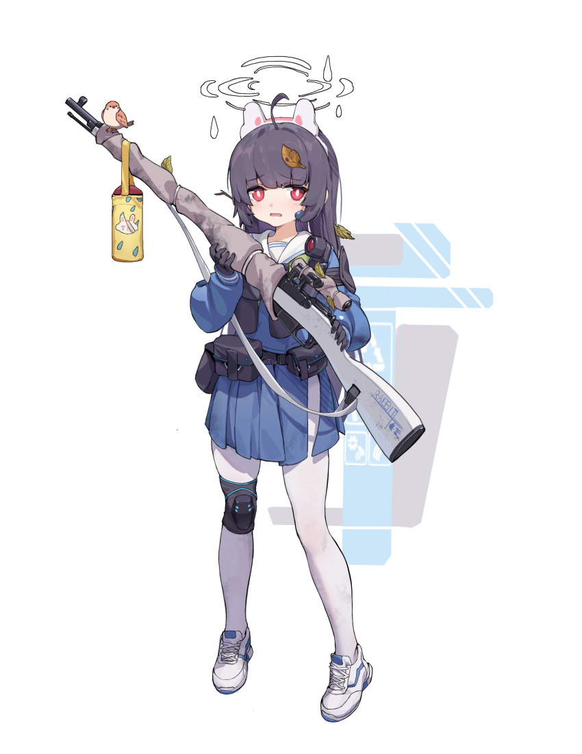 1girl absurdres ammunition_pouch belt bird black_gloves black_hair blue_archive bolt_action flashlight full_body gloves gun halo highres knee_pads leaf long_hair miniskirt miyu_(blue_archive) pantyhose pouch r1zen rifle school_uniform scope serafuku shoes simple_background single_knee_pad skirt sling sniper_rifle solo utility_belt weapon white_background white_legwear