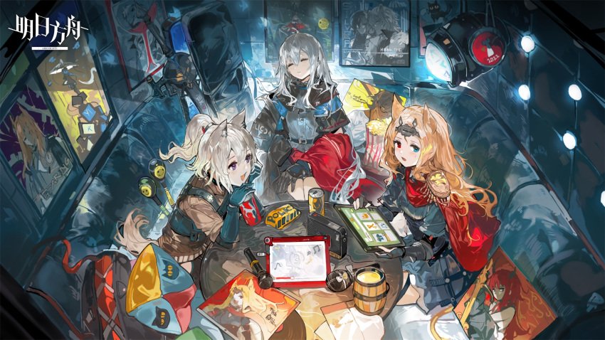 3girls :d ^_^ alchemaniac animal_ears archetto_(arknights) arknights black_capelet blonde_hair blue_eyes can cape capelet closed_eyes commentary dress english_commentary epaulettes gnosis_(arknights) grani_(arknights) grey_dress grey_eyes grey_hair grey_shirt head_tilt highres indoors long_hair looking_at_another microphone multiple_girls passenger_(arknights) pointy_hair ponytail red_cape red_eyes shirt short_hair silverash_(arknights) skadi_(arknights) sleeping sleeping_upright smile surtr_(arknights) table tablet_pc tail thorns_(arknights) thorns_(comodo)_(arknights)