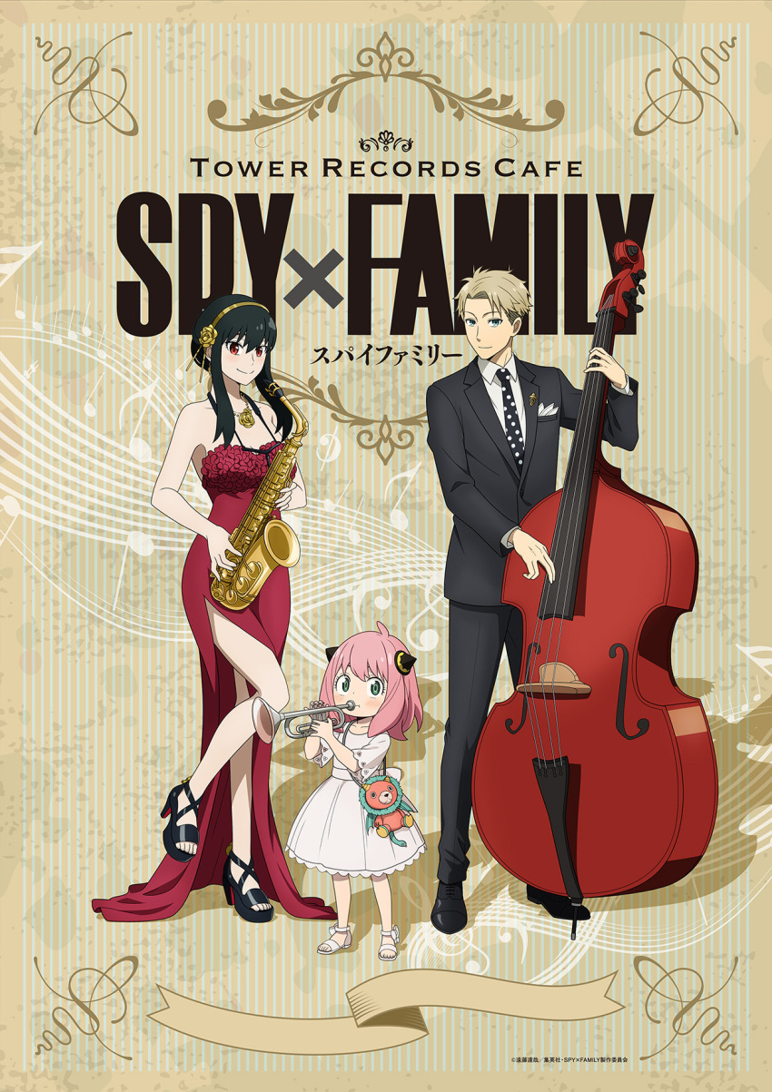 1boy 2girls anya_(spy_x_family) artist_request bare_shoulders black_footwear black_hair black_pants blonde_hair cello copyright_name dress formal hair_ornament high_heels highres instrument jewelry multiple_girls musical_note necklace official_art pants pink_hair promotional_art red_dress red_eyes saxophone side_slit spy_x_family suit third-party_source toeless_footwear trumpet twilight_(spy_x_family) white_dress white_footwear yor_briar