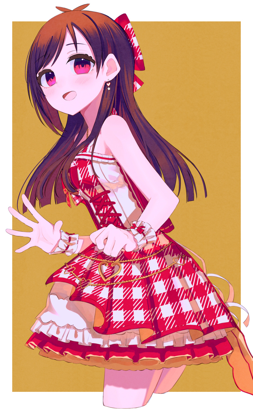 1girl :d absurdres antenna_hair blunt_ends blush bow brown_hair cropped_legs dress earrings hair_bow highres idolmaster idolmaster_cinderella_girls idolmaster_cinderella_girls_starlight_stage jewelry looking_at_viewer petticoat plaid plaid_dress red_eyes simple_background sleeveless sleeveless_dress smile solo tsuchi_(sh_spica1) tsujino_akari twisted_torso two-tone_background two-tone_dress wrist_cuffs