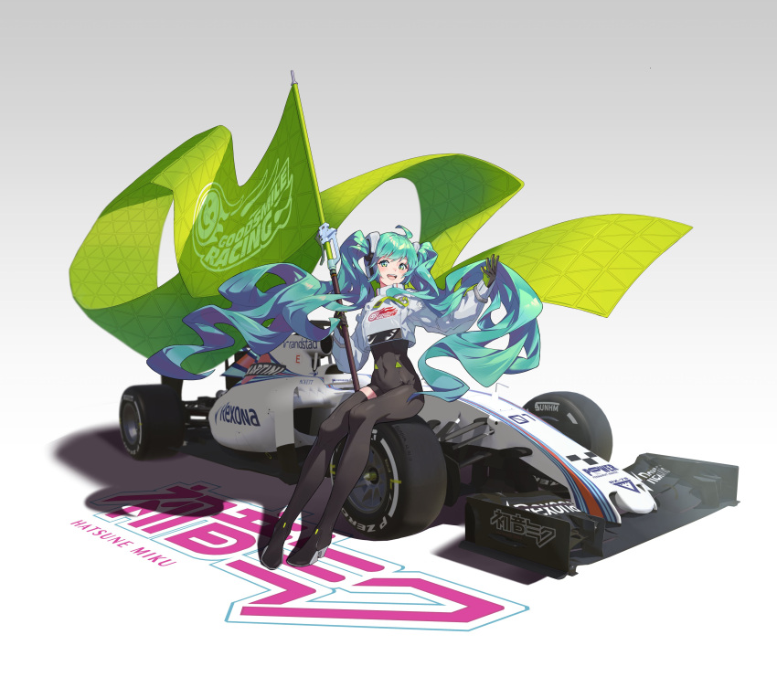 1girl absurdres ahoge aqua_hair bangs black_gloves bodysuit boots car character_name chinese_commentary commentary_request covered_navel cropped_jacket flag full_body gloves goodsmile_company gradient gradient_background grey_background ground_vehicle hatsune_miku highres holding holding_flag jacket long_hair long_sleeves looking_at_viewer motor_vehicle open_mouth race_vehicle racecar racing_miku racing_miku_(2022) shadow single_thigh_boot sitting smile solo sunhm thigh-highs thigh_boots twintails very_long_hair vocaloid white_jacket