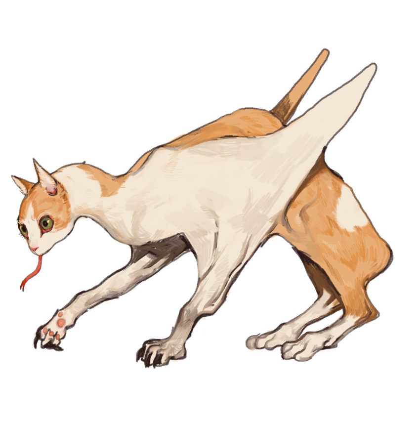 animal_focus bat cat forked_tongue from_side full_body fusion green_eyes highres long_tongue mossacannibalis original simple_background solo tongue tongue_out white_background