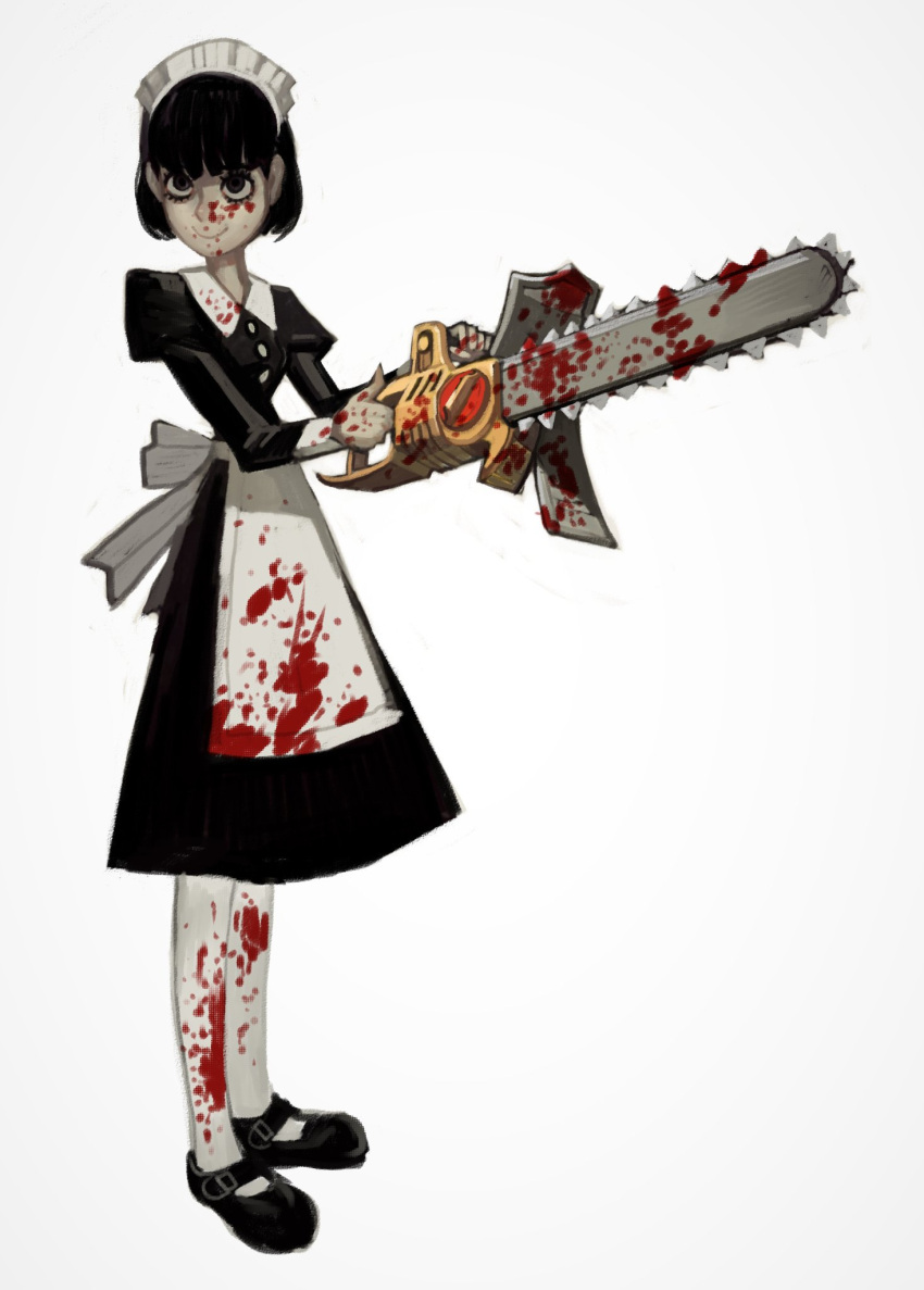 1girl apron black_dress black_eyes black_footwear black_hair blood blood_on_clothes blood_on_face bob_cut chainsaw closed_mouth dress full_body highres holding holding_chainsaw juliet_sleeves long_sleeves looking_at_viewer maid maid_headdress mossacannibalis original pantyhose puffy_sleeves shoes short_hair simple_background smile solo white_apron white_background white_legwear