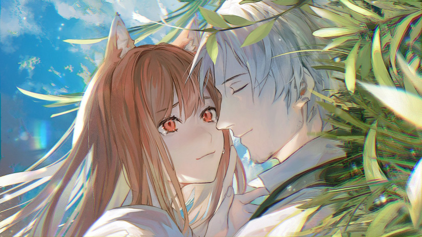 1boy 1girl animal_ears beard brown_hair cat_ears closed_eyes clouds craft_lawrence crying crying_with_eyes_open dress_shirt english_commentary eschathudde eyebrows_visible_through_hair facial_hair fingernails grass highres holo long_hair on_ground outdoors plant red_eyes shirt short_hair sky spice_and_wolf tears white_hair white_shirt