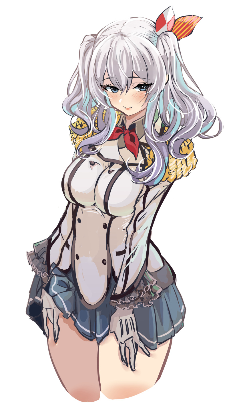 1girl absurdres beret black_headwear blue_eyes blush closed_mouth collared_shirt epaulettes gloves grey_shirt grey_skirt hair_between_eyes hat hey_taisyou highres jacket kantai_collection kashima_(kancolle) kerchief long_sleeves looking_at_viewer military military_uniform pleated_skirt shirt short_hair silver_hair simple_background skirt smile solo twintails uniform white_background white_gloves white_jacket