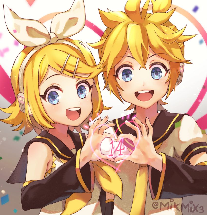 1boy 1girl anniversary aqua_eyes bare_shoulders blonde_hair blue_eyes bow brother_and_sister close-up commentary_request detached_sleeves eyebrows_visible_through_hair hair_bow hair_ornament hair_ribbon hairclip headphones heart kagamine_len kagamine_rin looking_at_viewer mikmix mixed-language_commentary necktie open_mouth ribbon sailor_collar short_hair short_sleeves siblings simple_background smile solo_focus twins vocaloid white_background