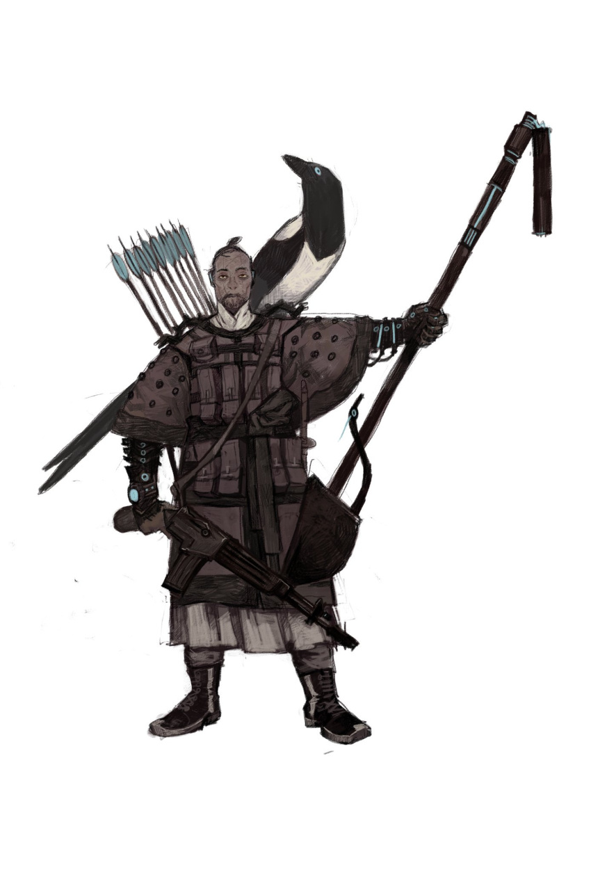 1boy adapted_costume animal_on_shoulder armor arrow_(projectile) bird bird_on_shoulder black_eyes black_hair bow_(weapon) closed_mouth commentary full_body gun highres holding holding_gun holding_weapon korean_armor korean_clothes looking_at_viewer male_focus mossacannibalis original quiver sanpaku sash simple_background soldier solo topknot weapon white_background