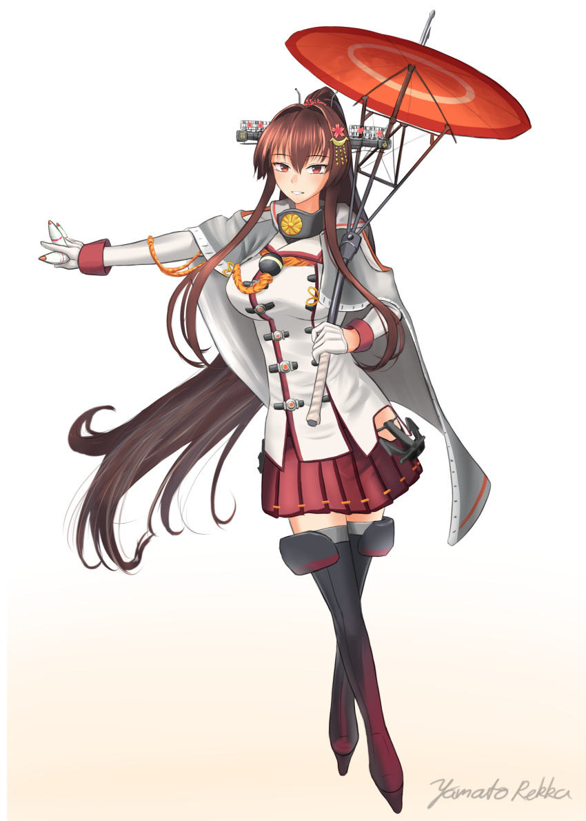 1girl absurdres anchor black_footwear boots breasts brown_eyes brown_hair cherry_blossoms cloak flower full_body gloves gradient_footwear hair_flower hair_intakes hair_ornament headgear high_ponytail highres hip_vent holding holding_shell holding_umbrella jacket kantai_collection large_breasts long_hair long_sleeves miniskirt oil-paper_umbrella original_remodel_(kantai_collection) pleated_skirt ponytail red_footwear red_skirt red_umbrella rekka_yamato shell sidelocks skirt solo standing thigh-highs thigh_boots umbrella very_long_hair white_cloak white_gloves white_jacket yamato_(kancolle)