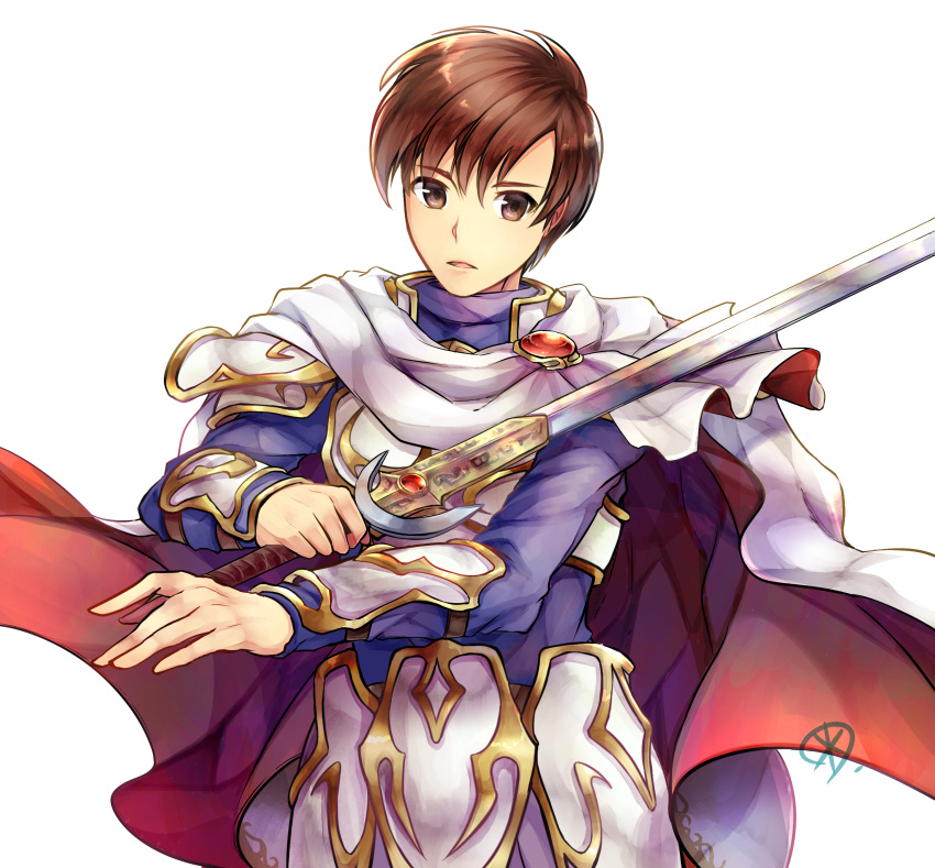 1boy absurdres armor bangs bracer breastplate brown_eyes brown_hair cape commentary_request fire_emblem fire_emblem:_thracia_776 hair_between_eyes highres holding holding_sword holding_weapon leif_(fire_emblem) light_brand looking_at_viewer male_focus parted_lips purple_shirt shirt short_hair shoulder_armor simple_background solo sword upper_body weapon white_background yukimiyuki
