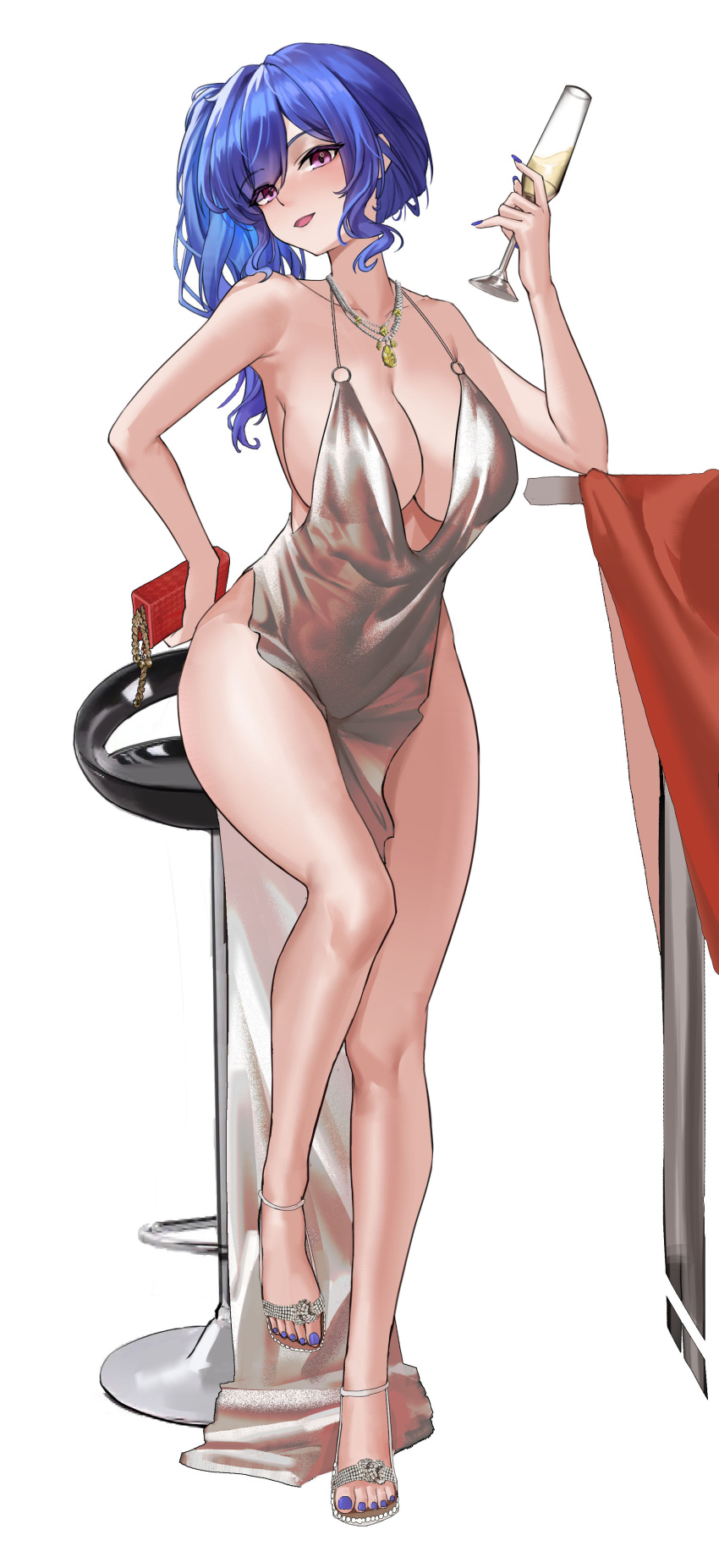 1girl absurdres azur_lane bag bar_stool bare_legs blue_hair blue_nails breasts champagne_flute cup dress drinking_glass dylanlin evening_gown full_body handbag high_heels highres jewelry large_breasts necklace official_alternate_costume pelvic_curtain simple_background st._louis_(azur_lane) st._louis_(luxurious_wheels)_(azur_lane) stool violet_eyes white_background