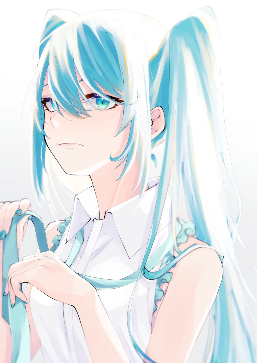 1girl bangs bare_arms blue_eyes blue_hair blue_nails blue_necktie closed_mouth collared_shirt dress_shirt frilled_shirt frills hair_between_eyes hatsune_miku highres long_hair nail_polish necktie ni_(7no8210mare) shirt sleeveless sleeveless_shirt solo twintails tying_tie upper_body very_long_hair vocaloid white_background white_shirt wing_collar