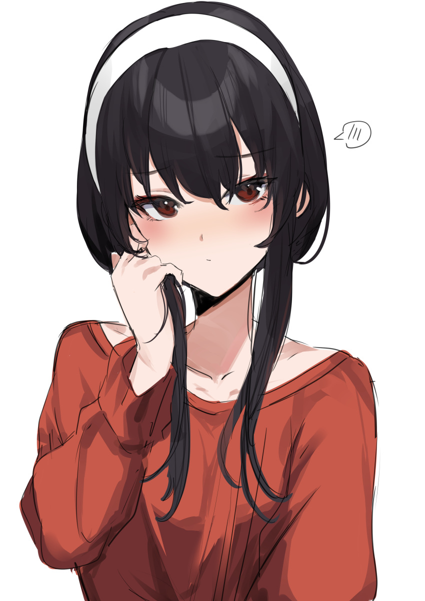 1girl absurdres bangs black_hair blush closed_mouth commentary_request eyebrows_visible_through_hair hairband hand_in_own_hair highres long_sleeves looking_at_viewer miyasaka_miyabi red_eyes red_shirt shirt short_hair_with_long_locks sidelocks simple_background solo speech_bubble spoken_blush spy_x_family upper_body white_background white_hairband yor_briar