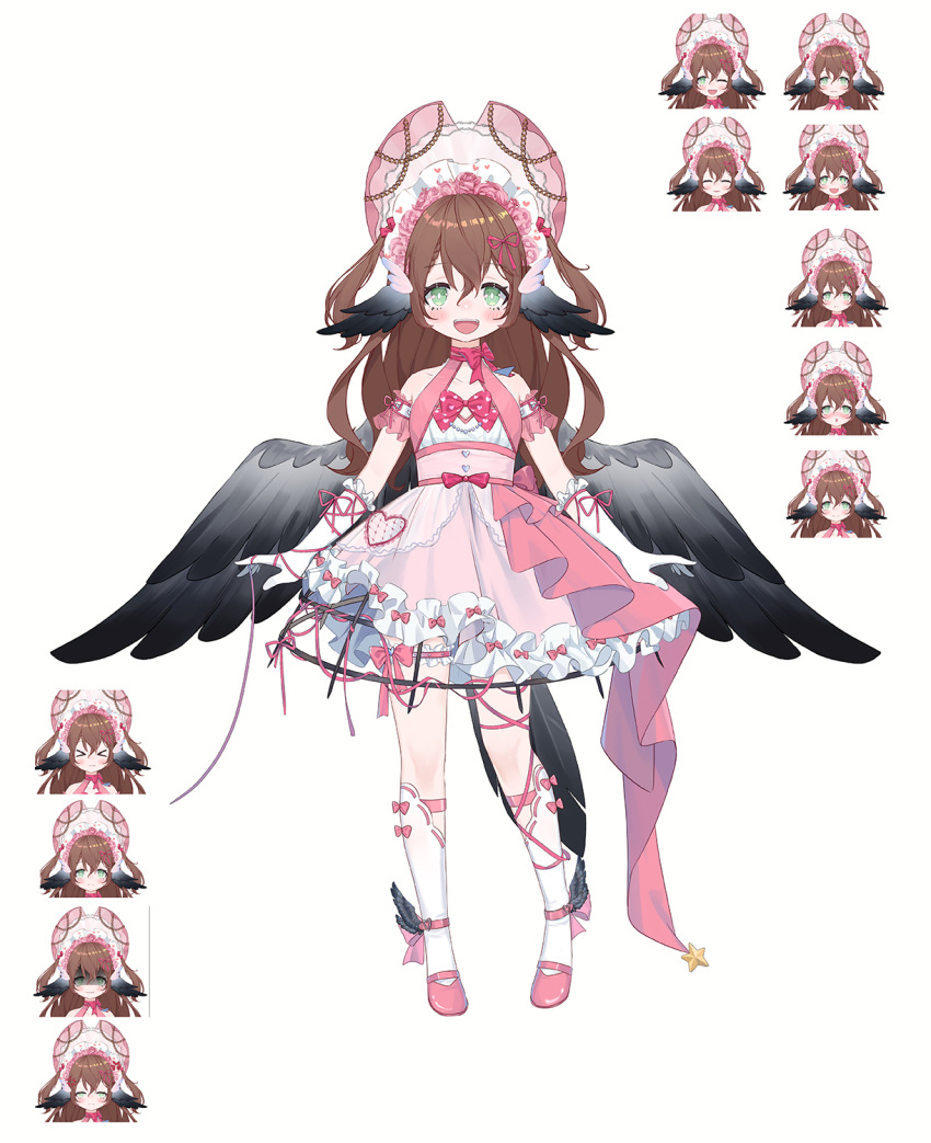&gt;_&lt; 1girl :d animal_ears arms_at_sides artist_request bird_ears bird_tail bird_wings black_wings blush bonnet bow bowtie brown_hair dress expressions flower gloves green_eyes hair_flower hair_ornament highres indie_virtual_youtuber long_hair looking_at_viewer magpie_(vtuber) pigeon-toed pink_bow pink_bowtie pink_dress pink_flower pink_footwear pink_rose rose shoes simple_background smile socks tail white_background white_gloves white_legwear wings