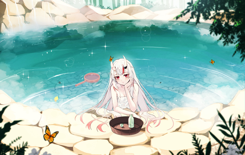 1girl absurdres alcohol bamboo bathing blush bug butterfly day eyebrows_visible_through_hair hand_on_own_cheek hand_on_own_face highres himura_soichiro hololive horns long_hair looking_at_viewer multicolored_hair naked_towel nakiri_ayame onsen outdoors plant red_eyes redhead reflection ripples rock sake steam streaked_hair towel very_long_hair virtual_youtuber water white_hair