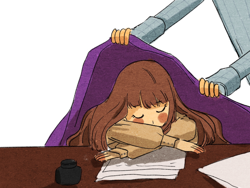 1boy 1girl blush brown_hair chinese_commentary closed_eyes commentary_request crossed_arms desk dressing fors_wall fyy2333 highres inkwell jacket klein_moretti lord_of_the_mysteries out_of_frame paper purple_jacket simple_background sleeping white_background